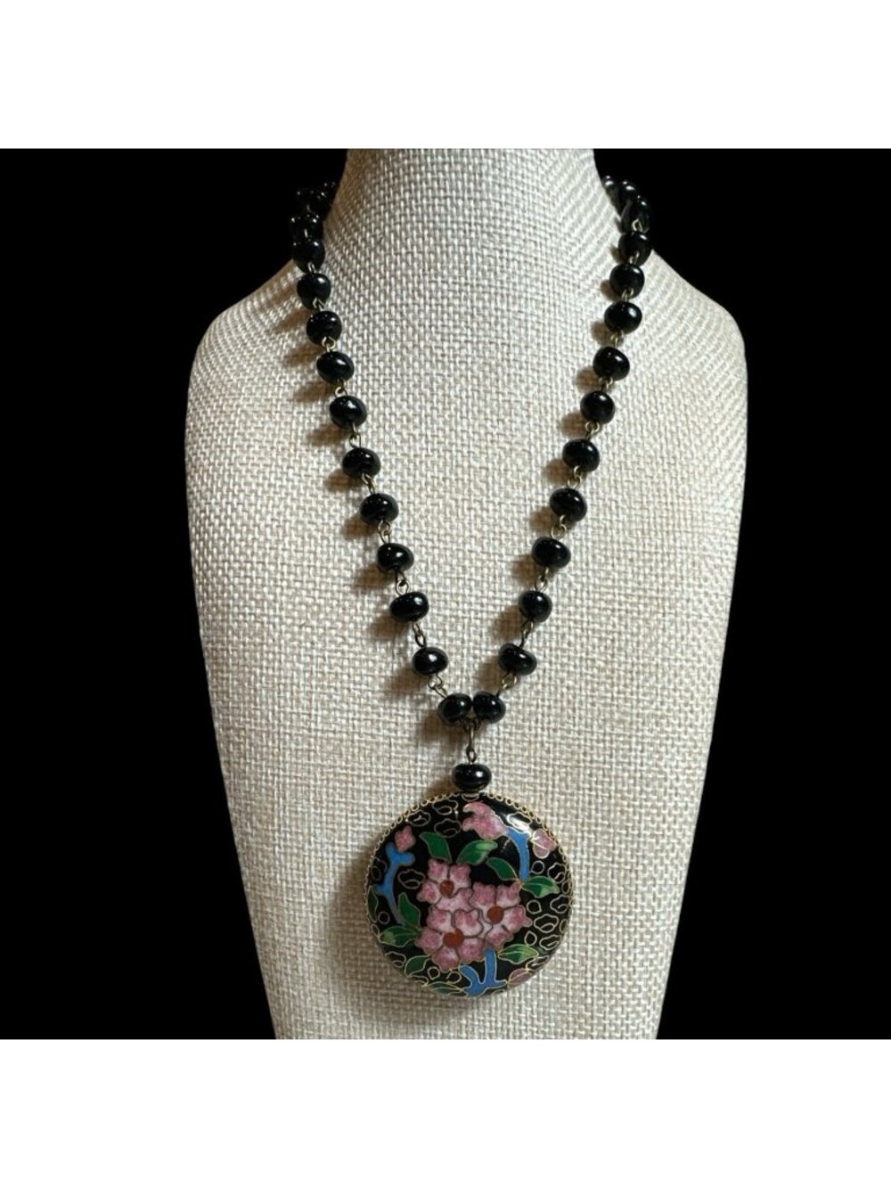VTG RARE Signed Miriam Haskell Cloisonné Necklace Medallion & Glass Bead 18”